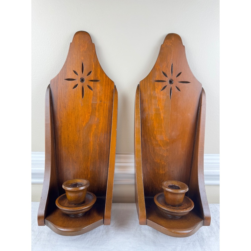 Vintage Wooden Wall Sconce Pair Starburst Cutout Farmhouse Candle Holder Brown